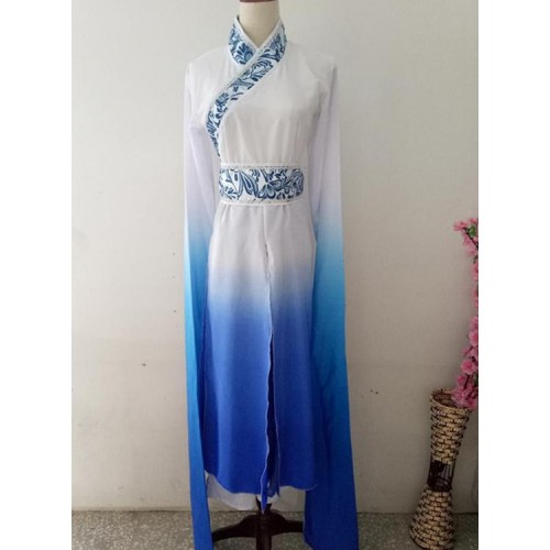Women's chinese folk dance costumes blue gradient ancient traditional yangko fairy fan umbrella classical dance dresses for female and girls